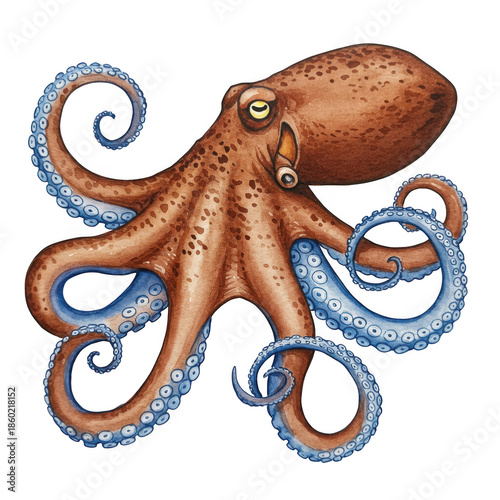 Watercolor illustration of octopus isolated on transparent background
