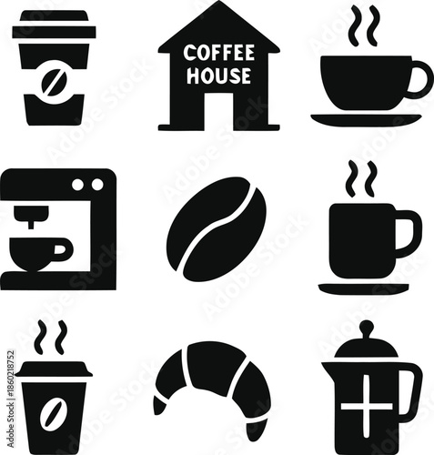Coffee Icon Vector Set Featuring Cup Take Away Beans Maker House Mug Drink Croissant Pot Caffeine Beverages Shop Cafe Breakfast Barista Elements on Transparent Background