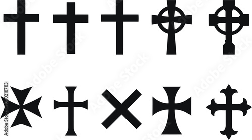 Collection of Different Cross Icons for Religious Faith and Beliefs in Vector Style Totaling Exactly 200 Characters for Microstock Use Cross Icons Set