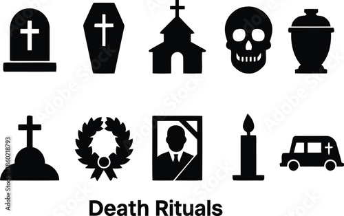 Collection of Different Death Rituals Icons for Funeral Services and Mourning in Vector Style Totaling Exactly 200 Characters for Microstock Use Death Rituals Icon Set