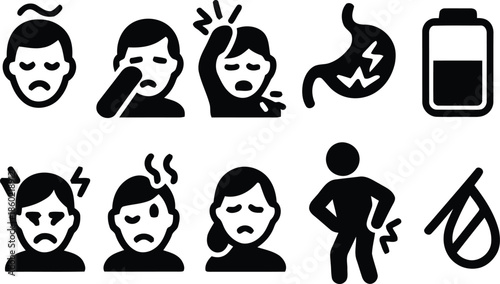 Collection of Medical Icons Representing Health Problems and Symptoms in Simple Black and White Style Depicting Illness, Pain, Fatigue, and Physical Discomfort for Healthcare