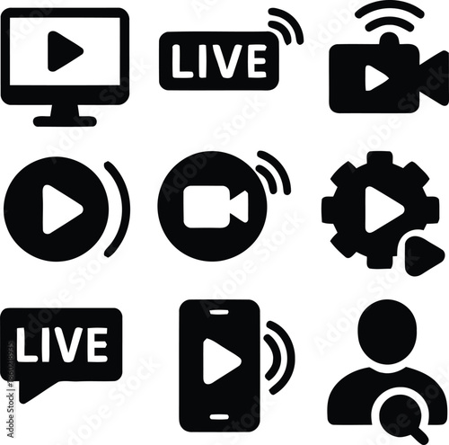 Collection of Streaming Icons Vector Designs Showcasing Live Video Broadcast and Online Media Creation on Transparent Backdrop for Media Purposes at 200 Characters