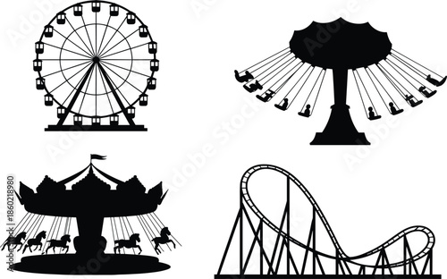 Amusement park ride silhouettes featuring ferris wheel carousel swing ride roller coaster isolated black flat vector illustration collection