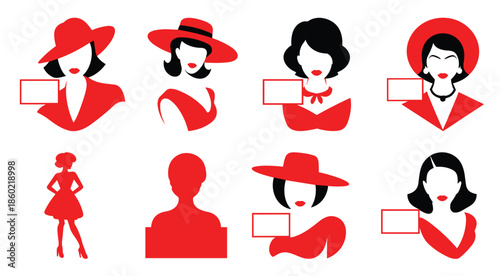 set of eight stylized female figures in red and black
