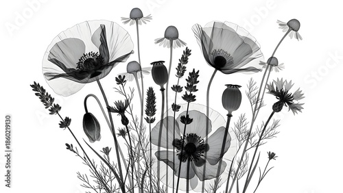 X-ray of a Wildflower Bouquet with Poppies and Lavender.