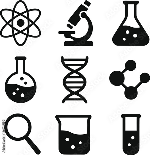 Science Icon Vector Set Featuring Atom Microscope Flask Dna Molecule Magnifier Beaker Education Research Biology Chemistry Physics Experiment Symbol on Transparent Background