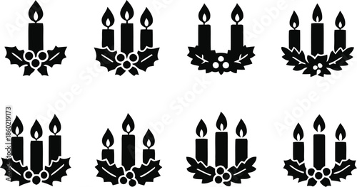 Set of candles decoration vector illustration of christmas holidays winter celebration advent light traditional religious isolated on transparent background with holy leaves