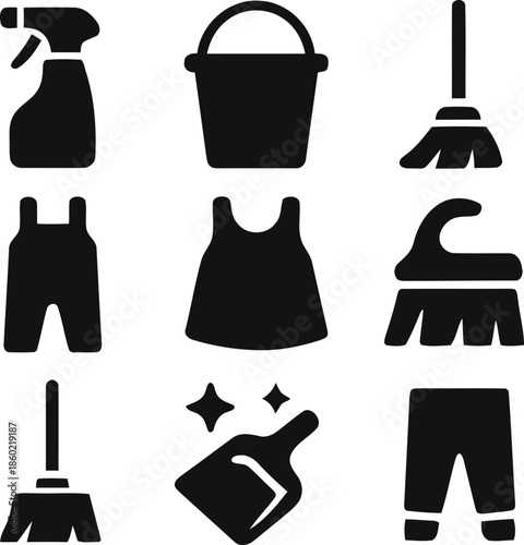 Set of cleaning elements in black color on transparent backdrop 2d graphic element for web design decoration element clip art housekeeping chores domestic sanitation