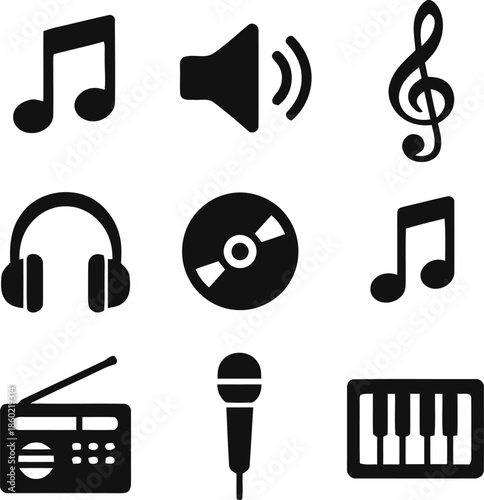 Set of Musical Instrument Vector Icons Isolated on Transparent Background Music Concept Includes Note Speaker Treble Clef Headphone Cd Radio Microphone and Keyboard
