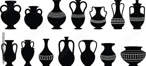 Ancient Greek pottery silhouettes collection showcasing amphora vases urns black ceramic shapes isolated on white background vector illustration