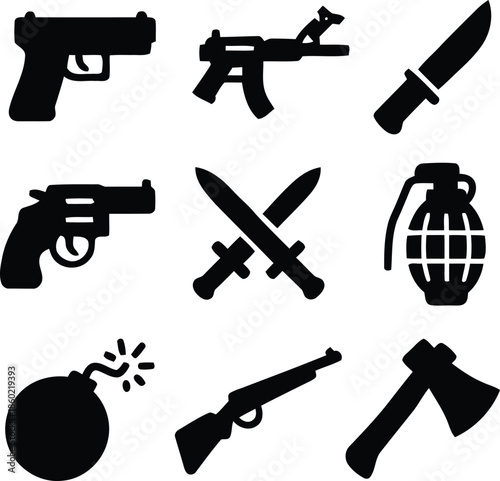Set of Weaponry Vector Icons Isolated on Transparent Background Military and Fighting Concept Includes Gun Pistol Machine Knife Revolver Swords Grenade Bomb and Axe