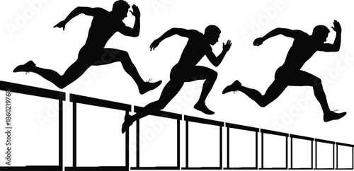Athlete hurdling silhouettes showing sprint runners jumping hurdles in sequence, dynamic track and field sport illustration in bold black vector style