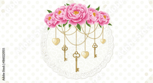 Beautiful arrangement of pink peonies with delicate gold chains, heart charms, and vintage keys on a lace doily background.