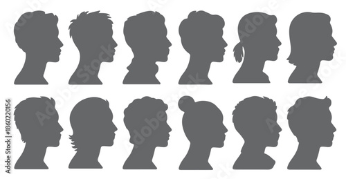  twelve gray human head silhouettes profile views diverse