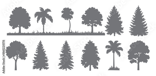 twelve gray tree silhouettes collection various types 