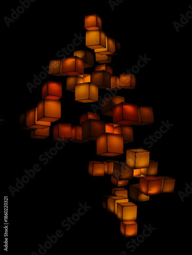 a lighting installation featuring an arrangement of glowing cubes floating in the dark background, physical cubes create dynamic, interactive visual displays