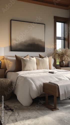 Mid-century modern bedroom design. White and pastel shades of bed sheets and decorative pillows on the bed. Above the bed is a painting with a pastel landscape. On the side is a window with a flower