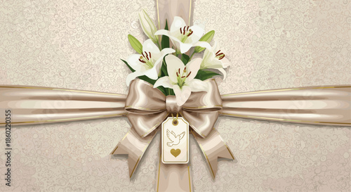 Beautiful bouquet of white lilies resting on an elegant satin bow with a small gift tag against a textured beige backdrop.
