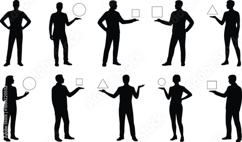 Black human silhouette figures holding geometric shapes, abstract presentation poses, minimal people icons for business concepts, balance, choice, and comparison design