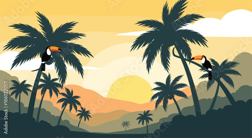 Serene tropical sunset landscape featuring palm trees and colorful toucans perched on branches overlooking golden hills.