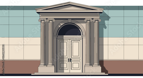 Classical architectural entrance featuring a large pediment supported by multiple ionic columns with an arched doorway.