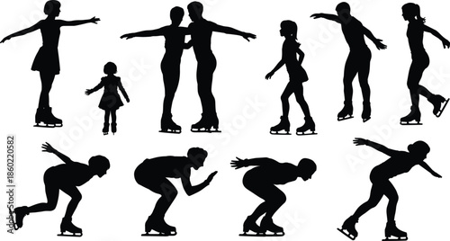 Black ice skating silhouettes collection showing figure skaters in dynamic poses isolated on white background vector illustration set