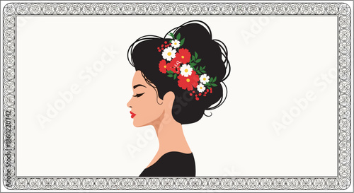 Beautiful woman profile with elegant black hair adorned with red and white flowers against a soft neutral background.