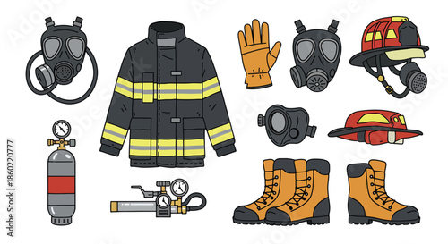 collection of firefighter protective gear and equipment