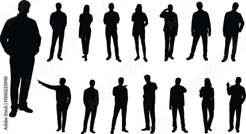 Business people silhouettes collection showing men and women standing, pointing, talking poses, corporate teamwork leadership concepts isolated white background illustration
