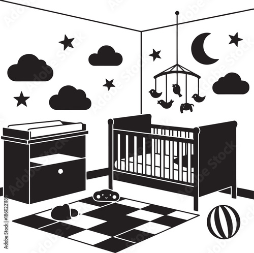 Black and white nursery room with crib changing table and toys baby
