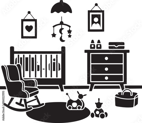 Black and white nursery room with crib rocking chair dresser and toys baby room baby bed