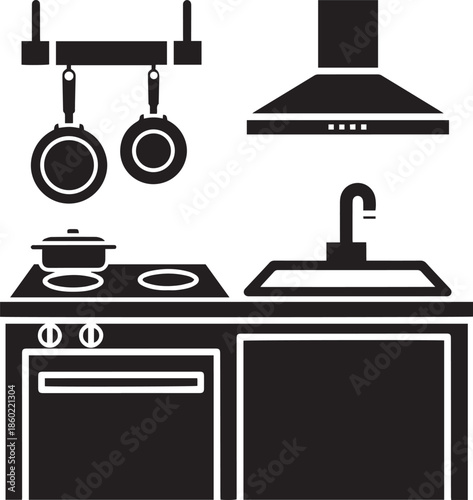 Black and white of a kitchen counter with stove sink and hanging pans cooking oven