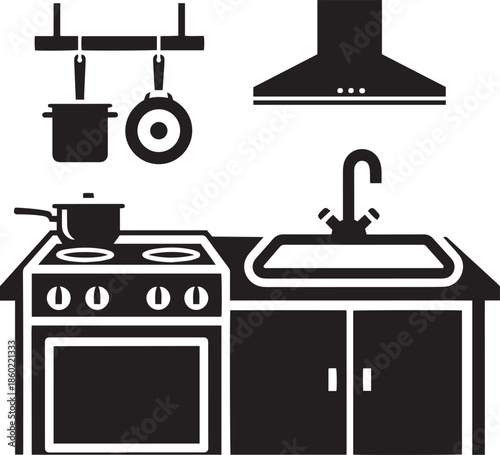 Black and white of a kitchen counter with stove sink and hanging pots faucet