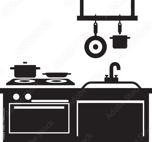 Black and white of a kitchen counter with stove sink and hanging pots oven faucet