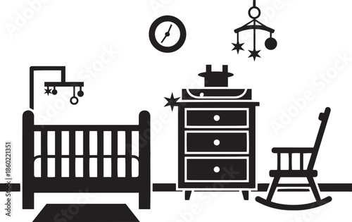 Black and white of a nursery room with crib changing table and rocking chair baby room