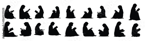 Multiple black silhouettes of women wearing hijabs reading books