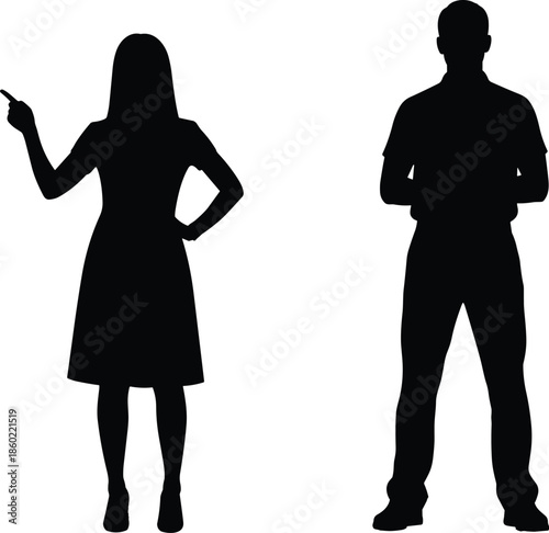 Male and female silhouettes standing apart, woman pointing gesture, communication concept, disagreement theme, leadership roles, black and white illustration