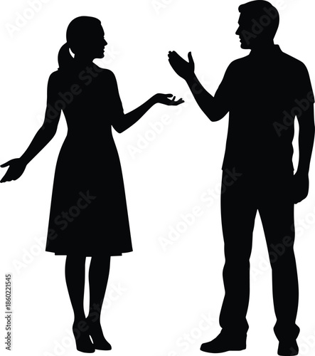 Male and female silhouettes talking, conversation gesture concept, communication dialogue, disagreement discussion, human interaction, black and white illustration,