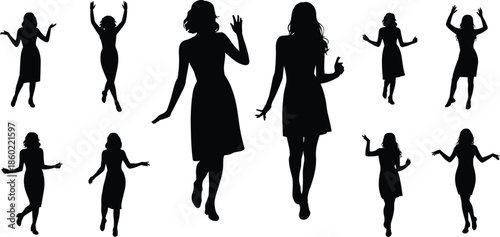 Multiple female silhouettes dancing and gesturing, expressive body language poses, fashion movement concept, energetic women collection, black white illustration, set