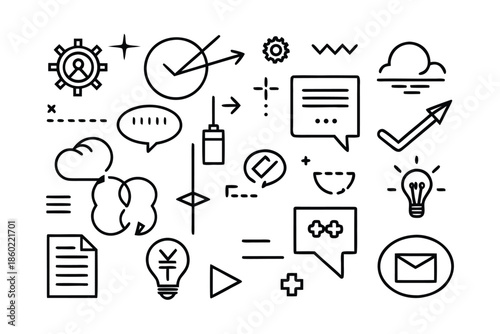 Set of Minimalist Business Line Icons with Financial Symbols, Data Analytics, and Workflow Communication Elements
