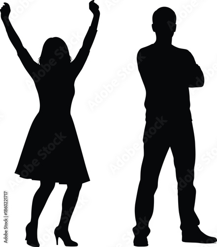 Silhouette of confident man and celebrating woman standing together, human contrast concept, success, attitude, body language, teamwork illustration
