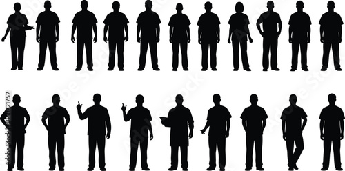 People silhouettes collection showing men and women standing casual poses, diverse group characters isolated white background illustration, modern lifestyle concept