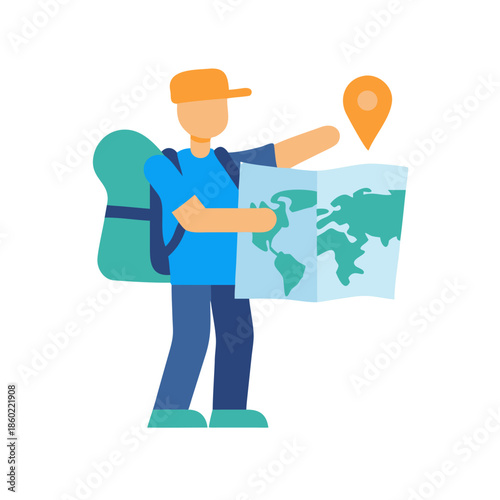 Young traveler exploring a map outdoors with backpack and compass  