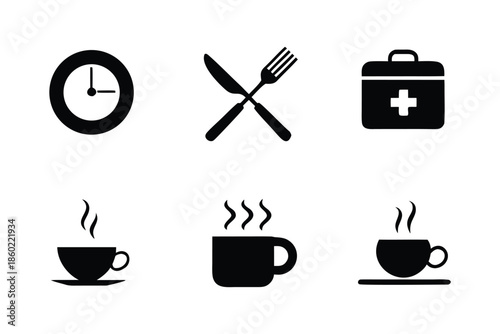 Black Solid Icon Set for Restaurant and Services Featuring Coffee Cutlery Clock and Medical Kit