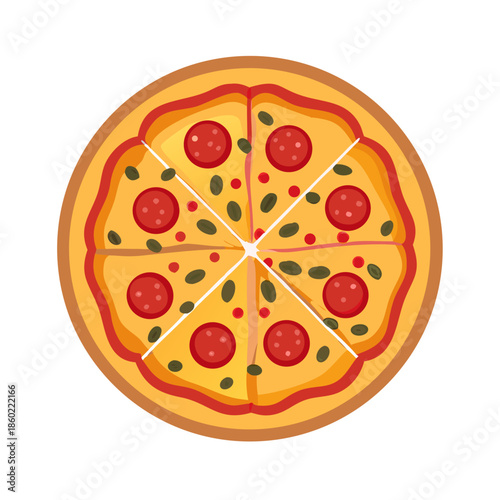 Pepperoni pizza with cheese and olives in flatlay view  