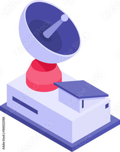 Modern isometric vector illustration depicting a communication satellite dish, essential for global data transmission, telecommunications, and advanced technological connectivity