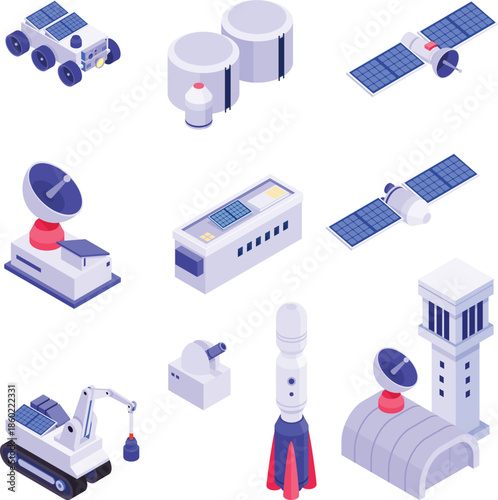 Isometric Space Exploration Assets Collection with Advanced Technology, Satellites, Rovers, and Ground Control Infrastructure for Future Missions and Research