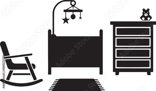 Black silhouette of a nursery room setup with crib rocking chair dresser and rug baby room baby bed