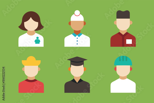 Diverse set of flat vector avatars representing different professions and cultures on a green background