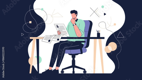 Modern illustration of a young professional businessman working at desk with documents and digital